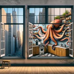 New York City Building with Octopus Cooking and Dancing in Kitchen
