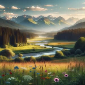 Serene Landscape View - River, Forest & Mountains