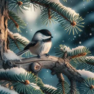 Chickadee Perched on Pine Branch - Winter Nature Scene