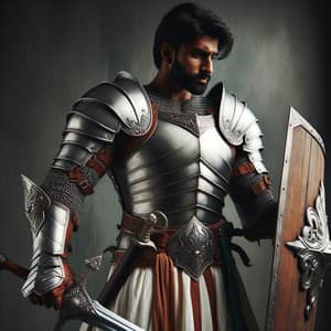Strong South Asian Man in White Armor with Sword and Shield