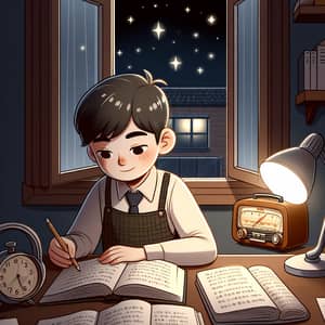 Young Asian Boy Studying with Vintage Radio Background