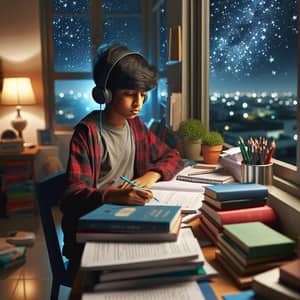 South Asian Boy Studying with Books and Headphones | Night Sky View