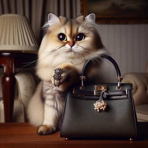 Elegant Female Cat Posing with Designer Handbag