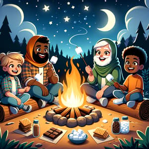 Nighttime Camping Illustration with Diverse Characters Enjoying S'mores