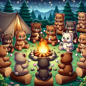 Adolescent Cartoon Bears Roasting Marshmallows at Camp