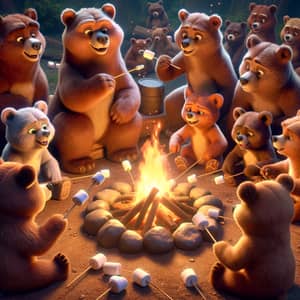 Animated Brown Bears Roasting Marshmallows Around Campfire