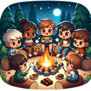 Cartoon Kids Camping Around Campfire | Exciting Smores Adventure