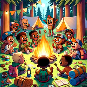 Adventurous Cartoon S'mores Storytelling with Children at Campsite