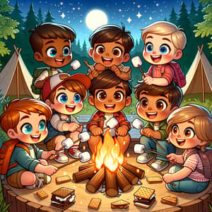 Woodland Camping Getaway: Lively Children Making S'mores Around Campfire