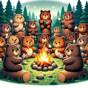 Cartoon Bears Enjoying a Campfire in a Diverse Forest Scene