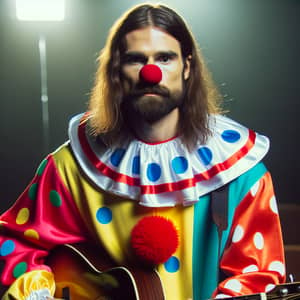 Colorful Clown Musician with Guitar on Stage