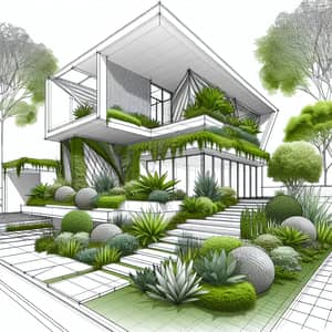 Architectural Illustration of Geometric House Exterior and Lush Plants