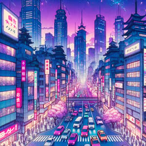 Anime 4k Cityscape with Vibrant Neon Lights and Sakura Trees