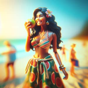 Curvaceous Woman Enjoying Apple on Sun-Kissed Beach | Summer Vibes