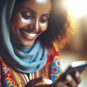 Joyful Somali Woman Using Phone | Cultural Attire & Beautiful Smile