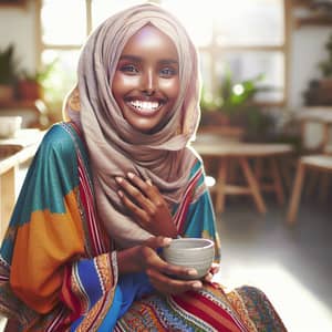 Joyful Somali Woman in Traditional Dress Enjoying Somali Tea