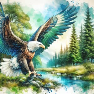 Majestic Bald Eagle Watercolor Art | Forest Stream Background