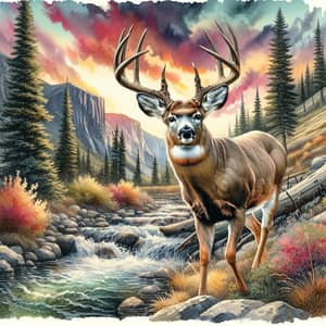 Majestic Muley Buck Deer in Mountain Landscape at Sunset