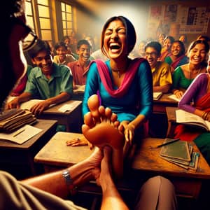 Vibrant Classroom Moment: Female Student Laughs as Teacher Tickles Feet