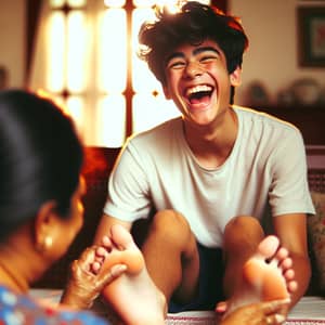 Joyful Teenage Boy Laughing on Bench - Heartwarming Moment