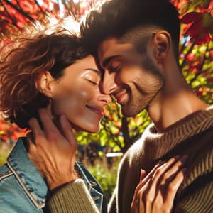 Romantic Couple Embracing Under Autumn Tree | Love Image