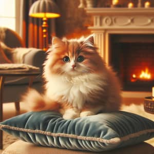 Cute Orange and White Cat on Cozy Blue Cushion
