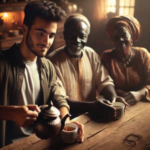 Middle-Eastern Man Pouring Tea with African Parents - Heartwarming Scene