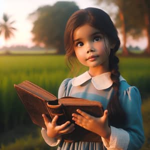 Curious South Asian Girl Reading Book in Breathtaking Sunset Scene
