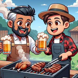 Cartoon Hillbillies Smoking Meat on Pellet Grill and Drinking Beer