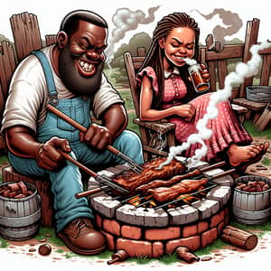 Cartoon Hillbillies Smoking Meat on Brick BBQ Pit