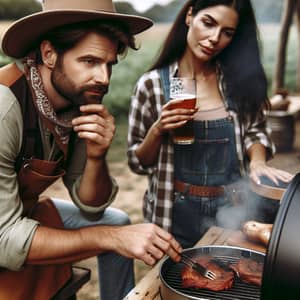 Rustic Outdoor Cooking Scene: Hillbillies Smoking Meat & Drinking Beer