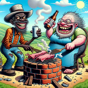Hillbilly BBQ: Cartoon Characters Smoking Meat & Drinking Beer