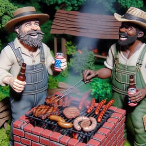 Cartoon Hillbillies Grilling Meat on Brick BBQ Pit | Outdoor Scene
