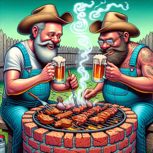 Cartoon Hillbillies Smoking Meat on Brick BBQ Pit