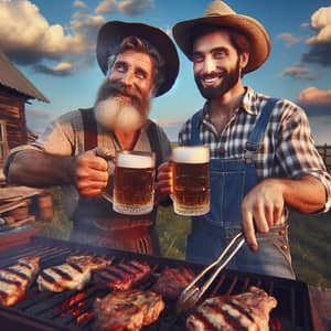 Hillbillies Grilling Meat and Drinking Beer - Rustic Farm Scene