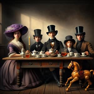 Antique Wooden Table with Elderly Woman, Men in Top Hats & Children - Impressionist Scene