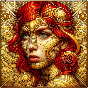 Mesmerizing Woman Portrait with Vibrant Red Hair - Art Nouveau Style