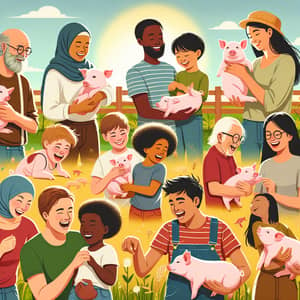 Diverse People Interacting with Cute Piglets in Sunny Field