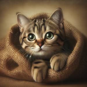 Playful Tabby Cat Peeking Out of Beige Burlap Bag