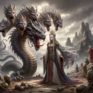 Fantasy Scene with Silver-Haired Woman and Hydra