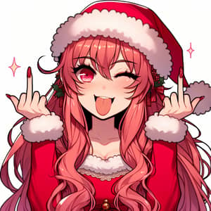 Cheerful Asian Woman in Red Christmas Outfit | Anime Style Illustration
