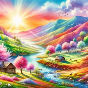 Colorful Watercolor Painting of Idyllic Landscape with Hills, River, and Deer