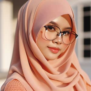 Malay Woman with Peach Hijab and Spectacle - Beautifully Adorned