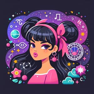 Cartoon Style Diverse Girl with Zodiac-Inspired Accessories