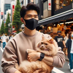 South Asian Male in Tokyo with Black Mask & Playful Cat