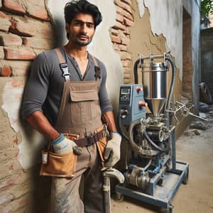 South Asian Male Worker Near Brick Wall with Mechanized Plastering Equipment