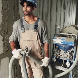 South Asian Male Worker - Mechanized Plastering Equipment Near Cement Wall