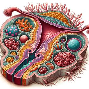 Detailed Cross-Section of Endometrial Tissue: Cells, Glands, Blood Vessels & Immune Cells