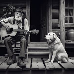 Elderly Man Playing Guitar with Faithful Dog - Rustic Farmhouse Scene