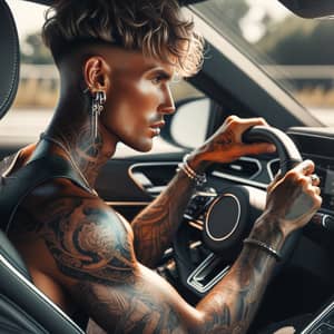 Confident Tan-Skinned Man Driving a Modern Car with Edgy Style